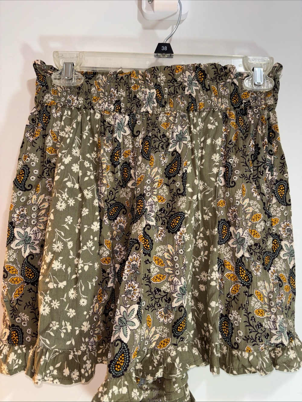 Angie Olive Floral Paisley Ruffle-Waist Women’s Shorts. 1075 - Picture 2 of 7